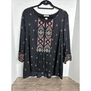 Style & Co Women's Black Large Boho Tunic Blouse Top Embroidered Festival Hippie